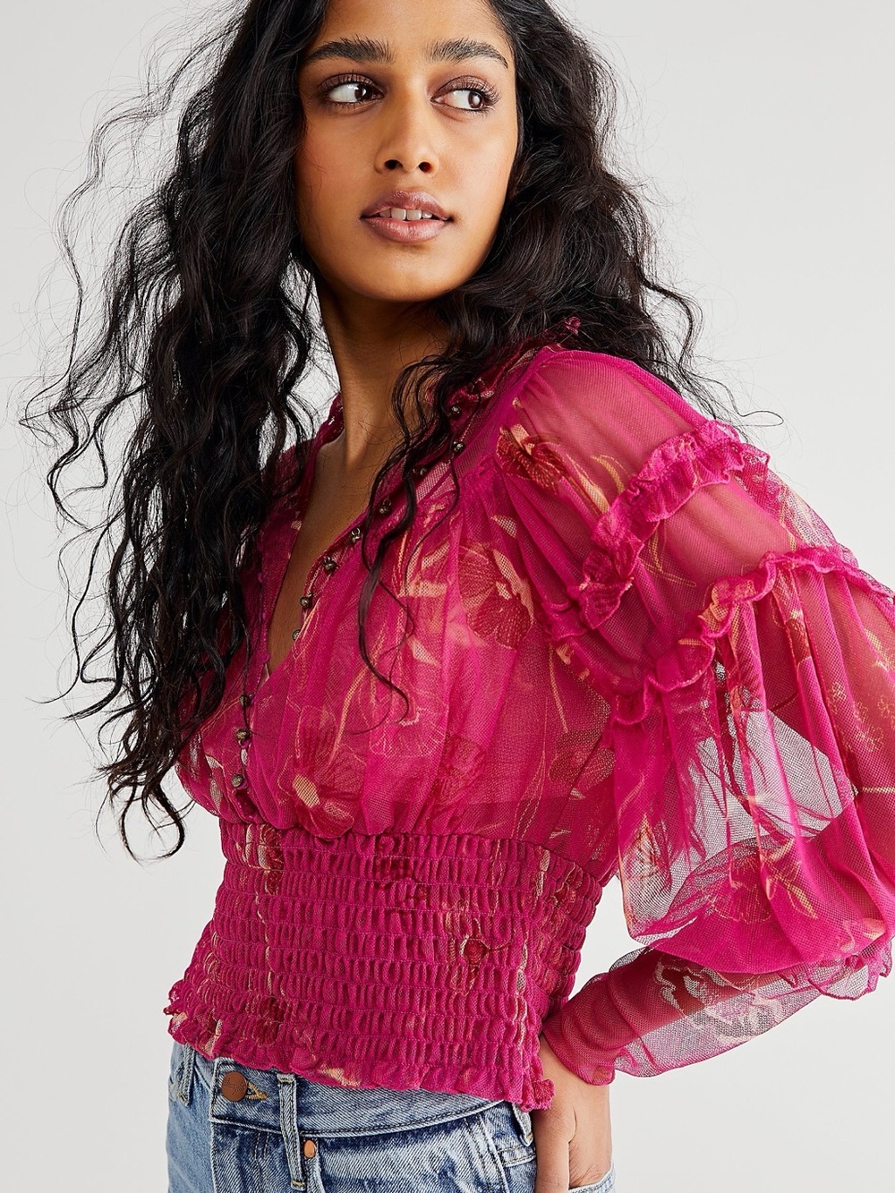 Free People Time for Shine Ladies Hot Pink Smocked Mesh Crop Top Size Small